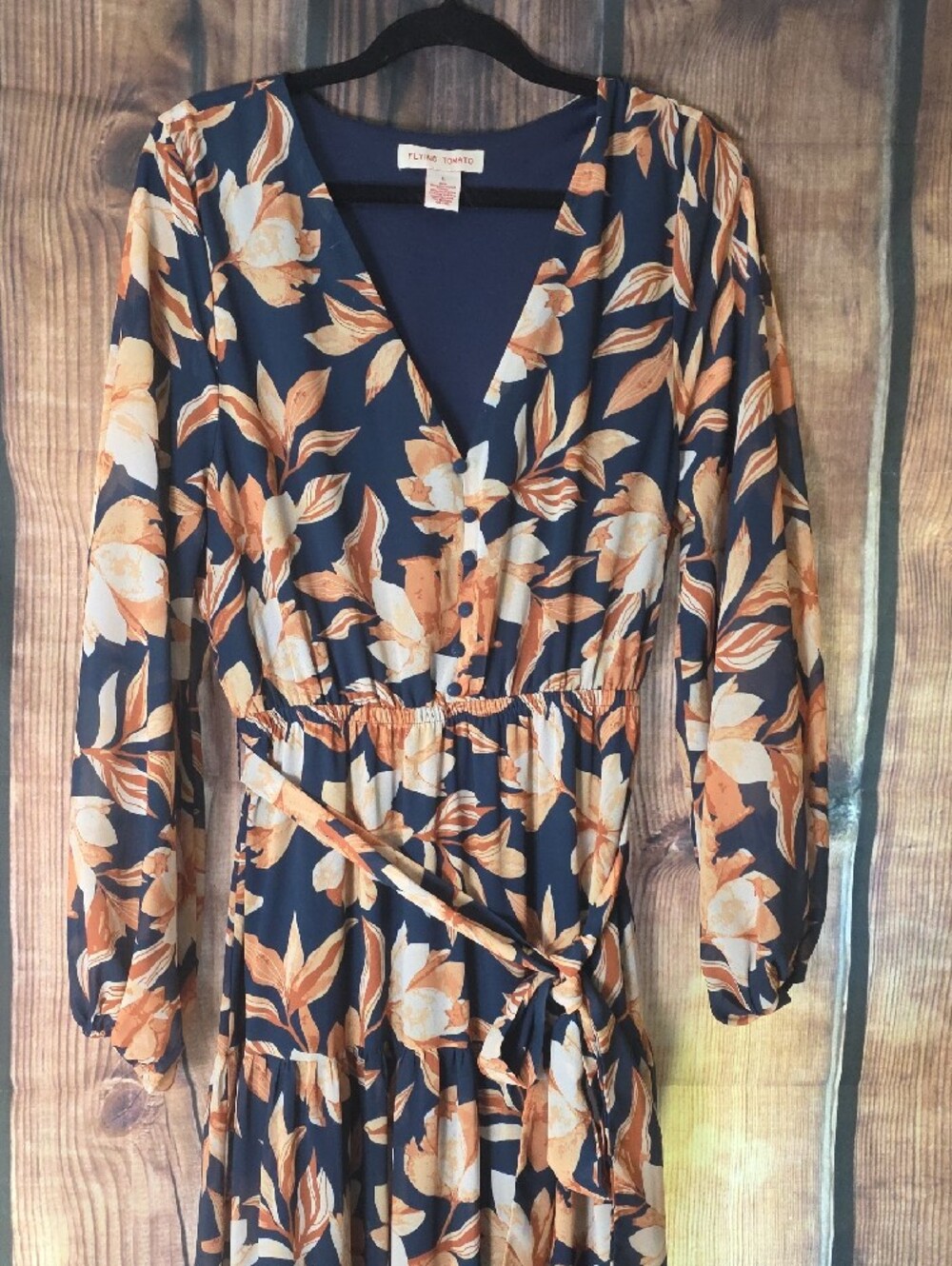 Flying Tomato Large Navy  Dress with Cream & Tan Floral Print - Picture 5 of 14